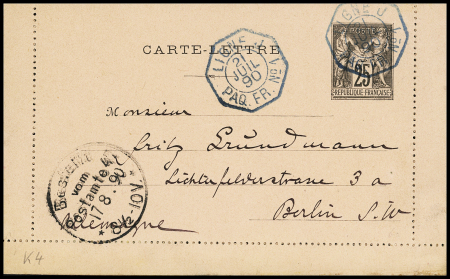 Entier carte-lettre 25c Sage noir sur rose OBL CAD octogonal bleu à cercle intérieur "Ligne J Paq. FR n°1" (1890) répété à coté pour Berlin (Salles n°1063 - ind 20). TB