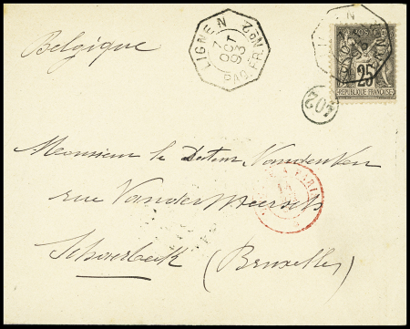 N°97 OBL CAD octogonal à cercle intérieur "Ligne N Paq. FR n°2" (1893 - Salles n°1921) répété à côté sur lettre pour Bruxelles avec au verso transit Suez. TB