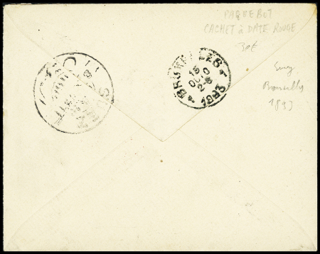 N°97 OBL CAD octogonal à cercle intérieur "Ligne N Paq. FR n°2" (1893 - Salles n°1921) répété à côté sur lettre pour Bruxelles avec au verso transit Suez. TB