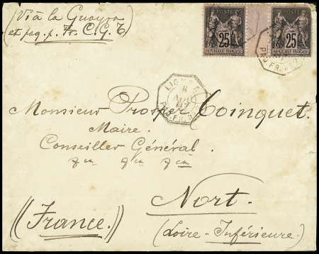N°97, paire interpanneau (1 ex def) OBL CAD octogonal à cercle intérieur "Ligne A Paq. FR n°2" (1887) sur lettre avec mention manuscrite  "Via la Guayra" (Salles n°1402 - ind 19). TB
