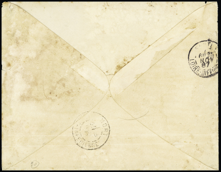 N°97, paire interpanneau (1 ex def) OBL CAD octogonal à cercle intérieur "Ligne A Paq. FR n°2" (1887) sur lettre avec mention manuscrite "Via la Guayra" (Salles n°1402 - ind 19). TB