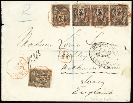 N°97, 5 pièces, OBL CAD octogonal rouge à cercle intérieur "Ligne N Paq. FR n°8" (1890) sur lettre recommandée pour la Grande-Bretagne avec CAD ovale "registered London au recto" (Salles n°1921). RR et TB