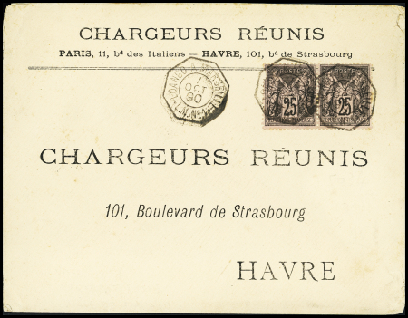 N°97 en paire OBL CAD octogonal à cercle intérieur "Loango à Marseille LM n°1" (1890 - Salles n°1252) sur lettre à en-tête des Chargeurs réunis pour le Havre. TB