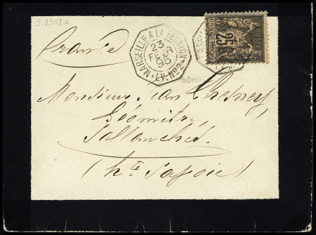 N°97 OBL CAD octogonal à cercle intérieur "Marseille à la Réunion LV n°2" (1895) répété à côté sur enveloppe de deuil (Salles n°2308). TB
