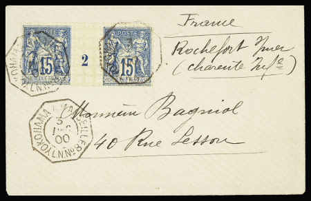 N°101 paire millésime 2 OBL CAD octogonal à cercle intérieur "Yokohama à Marseille LN n°8" (1900) répété à côté sur lettre (Salles n°1926). TB