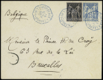 N°89 + 90 OBL CAD octogonal bleu à cercle intérieur "Bordeaux à Loango LL n°1" (1891) (Salles n°1211) répété à côté sur lettre pour Bruxelles avec au verso CAD de transit London. TB