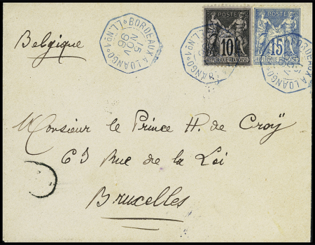N°89 + 90 OBL CAD octogonal bleu à cercle intérieur "Bordeaux à Loango LL n°1" (1891) (Salles n°1211) répété à côté sur lettre pour Bruxelles avec au verso CAD de transit London. TB