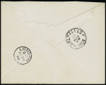 N°89 + 90 OBL CAD octogonal bleu à cercle intérieur "Bordeaux à Loango LL n°1" (1891) (Salles n°1211) répété à côté sur lettre pour Bruxelles avec au verso CAD de transit London. TB