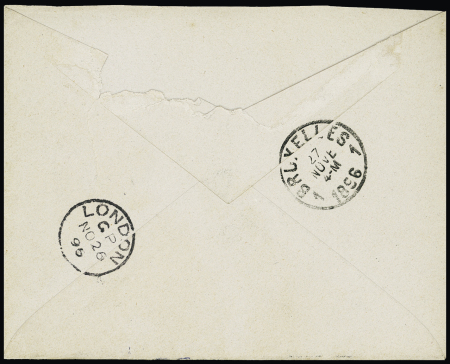 N°89 + 90 OBL CAD octogonal bleu à cercle intérieur "Bordeaux à Loango LL n°1" (1891) (Salles n°1211) répété à côté sur lettre pour Bruxelles avec au verso CAD de transit London. TB