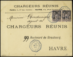 N°97, 2 pièces, OBL CAD octogonal leu à cercle intérieur "Bordeaux à Loango LL n°2" (1893) répété à côté (Salles n°1211) sur lettre à en-tête des Chargeurs Réunis + au verso grand cachet bleu "Paquebot-po