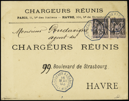 N°97, 2 pièces, OBL CAD octogonal leu à cercle intérieur "Bordeaux à Loango LL n°2" (1893) répété à côté (Salles n°1211) sur lettre à en-tête des Chargeurs Réunis + au verso grand cachet bleu "Paquebot-po