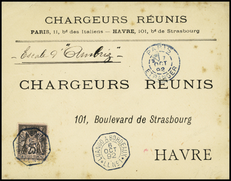 N°97 OBL CAD octogonal bleu à cercle intérieur "Loango à Bordeaux LL n°1" (1892 - Salles n°1212) sur lettre pour Le Havre avec au verso cachet ovale bleu "Chargeurs Réunis - Cie française de navigation à vapeur 