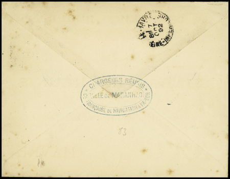 N°97 OBL CAD octogonal bleu à cercle intérieur "Loango à Bordeaux LL n°1" (1892 - Salles n°1212) sur lettre pour Le Havre avec au verso cachet ovale bleu "Chargeurs Réunis - Cie française de navigation à vapeur