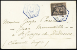N°97 OBL CAD hexagonal bleu à cercle intérieur "Buenos Aires à Bordeaux 1° LJ n°2" (1896) répété à côté sur une petite lettre (Salles 1069). Rare et TB
