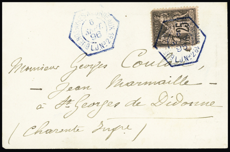 N°97 OBL CAD hexagonal bleu à cercle intérieur "Buenos Aires à Bordeaux 1° LJ n°2" (1896) répété à côté sur une petite lettre (Salles 1069). Rare et TB