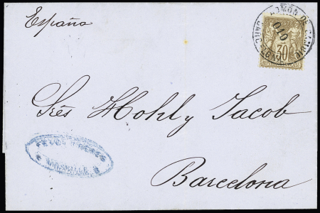 N°69, 30c brun, OBL cachet rond noir "Admon de cambio Barcelona 010" (Salles n°614 - ind 21) sur lettre pour Barcelone (1877). TB