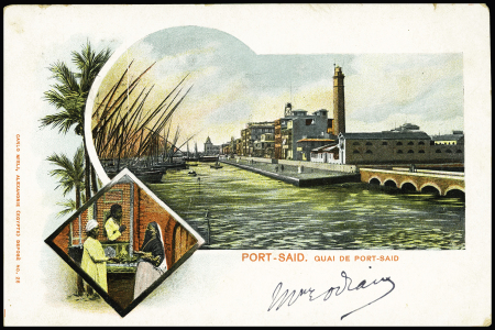 N°103 OBL petit CAD à pont "Aden" (1901) + griffe encadrée "Paquebot" sur carte postale de Port-Saïd (Salles n°1985). TB