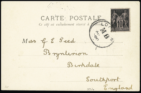 N°103 OBL CAD "London MB" (1900) sur carte postale de Dieppe pour Southport (GB), RR sur type Sage. TB