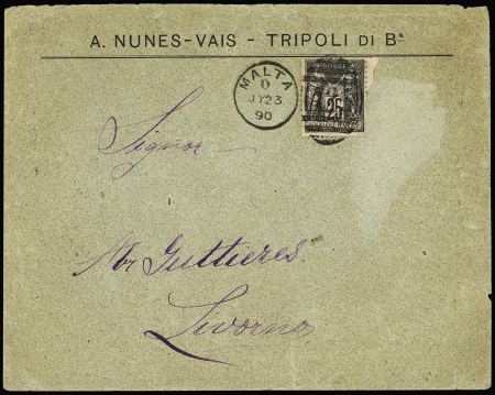 N°97 OBL Duplex "A 25 Malta" (1890) sur lettre de Tripoli de Barbarie (Libye) pour Livourne. Jolie pièce RR
