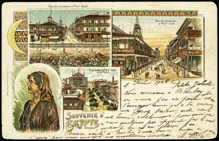 N°103 OBL Cachet "B1" à 5 barres de Bombay + griffe encadrée "Paquebot" + CAD ond Bombay (1902) sur carte postale de Port Saïd "Nous arrivons à Bombay" (Salles n°1989). TB