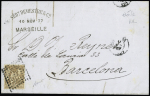 N°69, 30c brun, OBL losange de points noir avec étoile au centre + petit CAD "Barcelona" (1877) sur lettre de Marseille pour Barcelone. Rare et TB