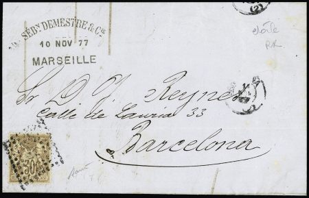 N°69, 30c brun, OBL losange de points noir avec étoile au centre + petit CAD "Barcelona" (1877) sur lettre de Marseille pour Barcelone. Rare et TB