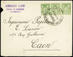 N°102, bande de 3 OBL grand cachet noir "Navigazione generale italiana - Florio Rubattino - Vapore Arabia" sur lettre de Tripoli de Barbarie (Libye) avec au verso transit Malte et arrivée Caen. Jolie pièce RRR