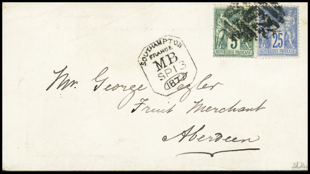 N°75 + 79 OBL Duplex 723 + CAD Tombstone "Southampton France MB" (1877) sur lettre pour Aberdeen avec arrivée. TB
