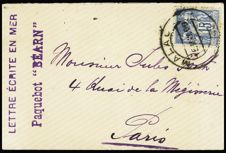 N°90 OBL grand CAD espagnol "Malaga" (1899) sur une petite lettre avec griffe violette "Lettre écrite en mer paquebot Béarn". RRR et TB