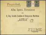 N°97, paire millésime 8, OBL ancre stylisée bleue surmontée d'une couronne avec grande griffe violette "Paquebot" + "BM" dans un ovale sur lettre adressée à la compagnie maritime Adri à Fiume avec arrivée (1900) 
