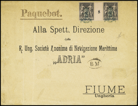 N°97, paire millésime 8, OBL ancre stylisée bleue surmontée d'une couronne avec grande griffe violette "Paquebot" + "BM" dans un ovale sur lettre adressée à la compagnie maritime Adri à Fiume avec arrivée (1900) 