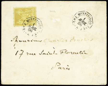 N°92 OBL CAD octogonal sur la pointe "Montevideo Paq. FR J n°3" (1886 - Salles n°1076) répété à côté sur une petite lettre, RR (ind 30). TB