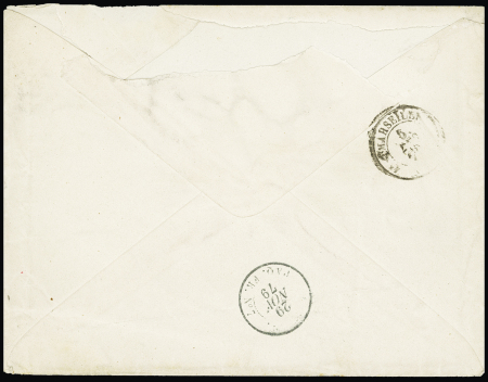 N°90 OBL CAD octogone sur la pointe "Port-Saïd Paq. FR n°7" (1879 - Salles n°1941), ind 19 sur lettre. Rare 