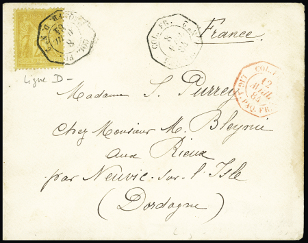 N°92 OBL CAD octogone sur la pointe (Col FR Paq FR D n°2 - 1884 - Salles n°1514 - ind 16) sur lettre avec au verso transit Pointe à Pitre. TB