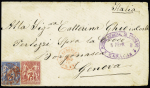 N°71 + 79 OBL CAD octogonal rouge à cercle intérieur "Venezuela Paq FR A n°3" (1878) sur lettre pour Gênes avec au recto CAD ovale violet "Admon general de correos Caracas" (Salles n°1445 - ind 20). Rare