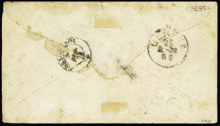 N°71 + 79 OBL CAD octogonal rouge à cercle intérieur "Venezuela Paq FR A n°3" (1878) sur lettre pour Gênes avec au recto CAD ovale violet "Admon general de correos Caracas" (Salles n°1445 - ind 20). Rare