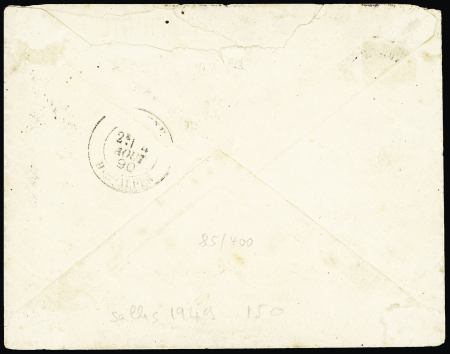 N°90, def, OBL CAD "Corr D Arm Lig N Paq FR n°8" (1890 - Salles n°1949) répété à côté sur lettre avec griffe bleue "Cuirassé La Triomphante". TB