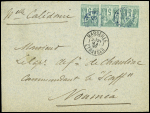 N°75, bande de 3 OBL CAD rond bleu "Corr D Arm Lig J Paq F n°1" (1893) (Salles n°1908) sur lettre avec en-tête "Division Navale de l'Océan Pacifique - Dubourdieu" daté de Montévidéo pour Nouméa avec CAD de trans