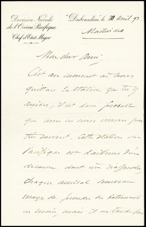 N°75, bande de 3 OBL CAD rond bleu "Corr D Arm Lig J Paq F n°1" (1893) (Salles n°1908) sur lettre avec en-tête "Division Navale de l'Océan Pacifique - Dubourdieu" daté de Montévidéo pour Nouméa avec CAD de trans