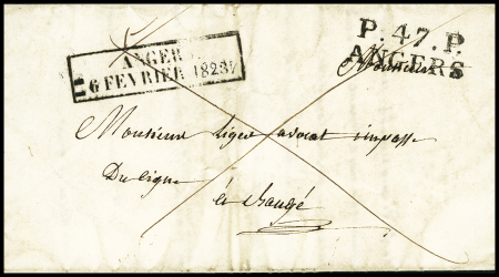 Cachet d'essai rect "Angers 6 février 1828" + MP "P 47 P Angers", association RR et TB