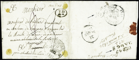 Lettre de Bourgueil pour Noyant avec MP noire "Deb 47 Baugé" (29 x 10mm) + cursive "47 Noyant", ind 20. TB