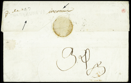 Lettre de Nantes (1803) pour Yvre (Sarthe) avec au verso déboursé partiellement manuscrit "D de 47 Chateauneuf". Rare, ind 19