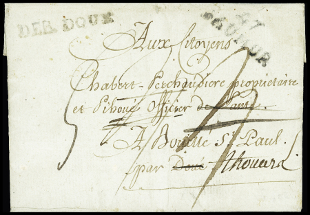Lettre avec MP "47 Saumur" pour Bouille Saint Paul (Deux-Sèvres) avec MP au recto "Deb Doue" (33 x 4mm - 1799), ind 21. RR et TB