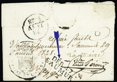 MP noire "Deb 47 Saumur" au verso d'une lettre adressée au maire de Saumur qui l'a refusée (1828) (30 x 9mm - ind 15+). TB