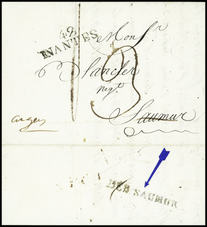 Lettre avec MP "42 Nantes" pour Saumur avec au verso MP "Deb Saumur" (ind 17 - 1803). TB