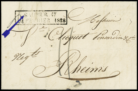 Cachet d'essai rect "Saumur 47 - 4 fevrier 1828" avec anomalie "S" de Saumur renversé, ind 24. TB