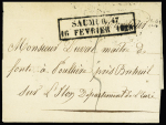 Cachet d'essai rectangulaire "Saumur 47 - 16 février 1828" (avec "S" à l'endroit), jolie pièce rare, ind 24