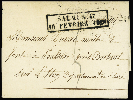 Cachet d'essai rectangulaire "Saumur 47 - 16 février 1828" (avec "S" à l'endroit), jolie pièce rare, ind 24