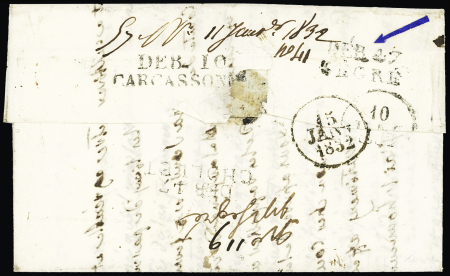 Lettre de Nice pour Carcassonne (1832) avec triple déboursé (noir) "Deb 10 Carcassonne", "Deb 47 Segré" et "Deb 47 Chollet" (ind 18, ind 20 et ind 18). Association RRR