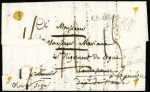 Lettre de Nice pour Carcassonne (1832) avec triple déboursé (noir) "Deb 10 Carcassonne", "Deb 47 Segré" et "Deb 47 Chollet" (ind 18, ind 20 et ind 18). Association RRR